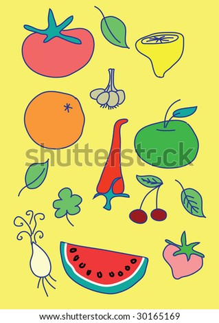 lemon, tomato, onion, cherry, strawberry, orange, garlic, pepper over yellow background