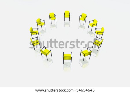illustration of  yellow chairs isolated on white, circle of chairs