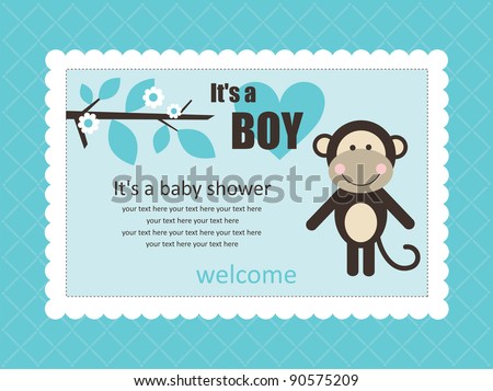 Cartoon Baby Pictures  Baby Shower on Baby Shower Card With Cute Monkey  Vector Illustration   90575209