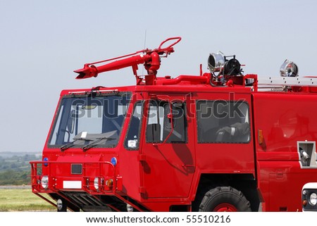 Red airport fire engine, emergency vehicle close up