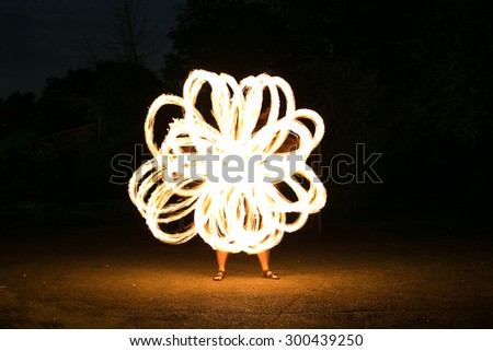 Fire show man in action in night time.
