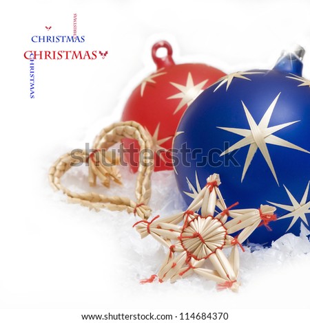 Christmas ball bubbles  with straw star and heart on white background