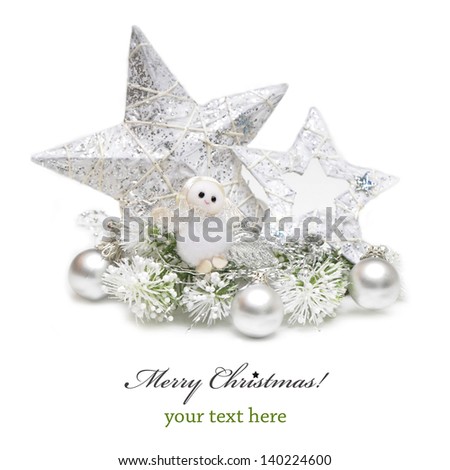 Silver Christmas bauble,star and angel on white background