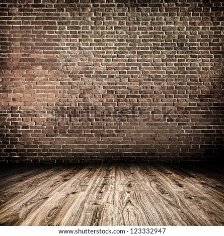 Empty Black Old Spacious Room With Stone Grungy Wall And Wooden Weathered Dirty Floor, Vintage Background Texture Of Brickwall