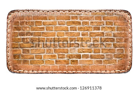 textured materials: clear surface of leather blank brown label closeup view, perspective and successful business concept of promotion products, and grungy red brick wall isolated over white background
