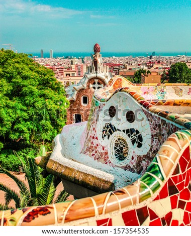 Ceramic mosaic Park Guell in Barcelona, Spain. Park Guell is the famous architectural town art designed by Antoni Gaudi and built in the years 1900 to 1914