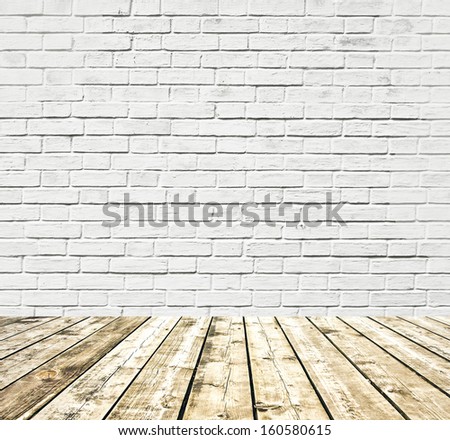 Grungy Textured White Brick And Stone Wall With Warm Brown Wooden Floor Inside Old Neglected And Deserted Interior, Masonry And Carpentry Brickwork Concept