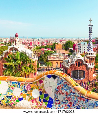 Ceramic Mosaic Park Guell In Barcelona, Spain. Park Guell Is The Famous Architectural Town Art Designed By Antoni Gaudi And Built In The Years 1900 To 1914