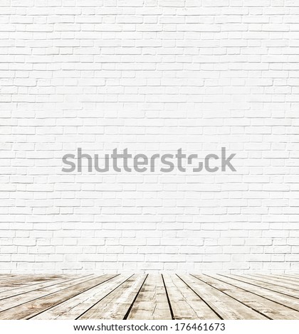 Background Of Aged Grungy Textured White Brick And Stone Wall With Light Wooden Floor From Whiteboard Inside Old Neglected And Deserted Empty Home Interior, Blank Horizontal Space Of Clean Studio Room