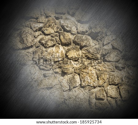 Abstract stonework background texture of an old weathered dark stucco black painted stone cement wall in rural room. Grungy cold rock surface in hard grime empty place with granite dull light floor
