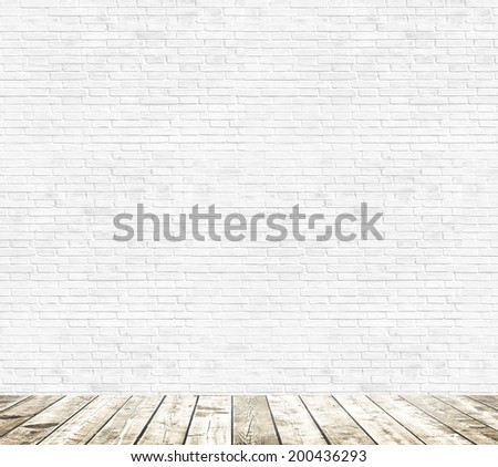 Background of age grungy texture white brick and stone wall with light wooden floor with whiteboard inside old modern and contemporary empty interior, blank color horizontal space of clean studio room