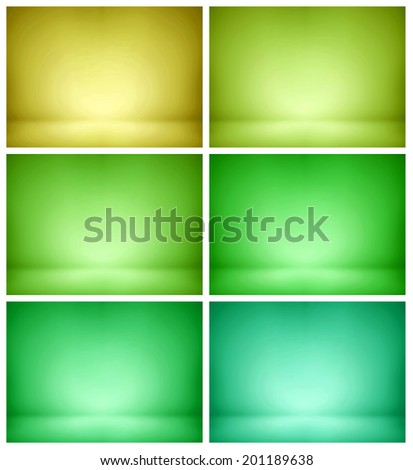 Abstract illustration background texture of beauty set with dark, light blue, azure, pistachio, cyan, turquoise, green, olive, yellow gradient wall, flat floor in empty spacious darken room interior