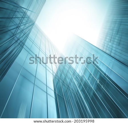 Abstract illustration background texture of perspective wide angle view to steel light blue glass surface, high rise building skyscraper commercial modern city of future Business industry architecture