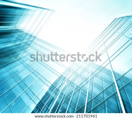 Panoramic and perspective wide angle view to steel light blue background of glass high rise building skyscraper commercial modern city of future. Business concept of success industry tech architecture