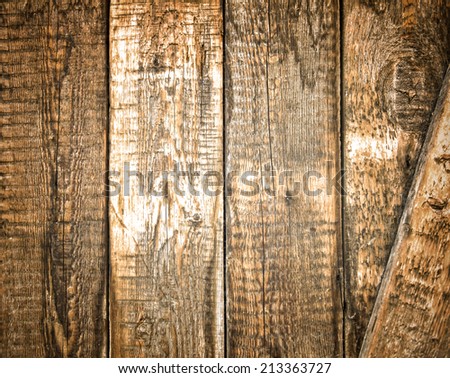 Background of brown old natural wood planks Dark aged empty rural room with tree floor pattern texture Closeup view to golden surface of retro pine logs inside vintage light warm interior with shadows