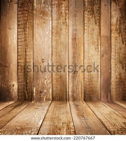 Background of brown old natural wood planks Dark aged empty rural room with tree floor pattern texture Closeup gold view surface of retro pine red logs inside vintage light warm interior with shadows