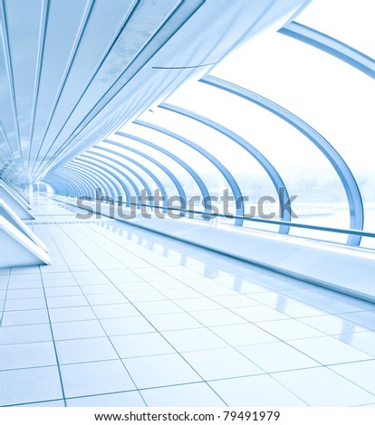 blue vanishing transparent hallway inside contemporary airport, transportation background