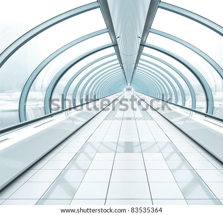 blue wide spacious corridor in contemporary airport walkway