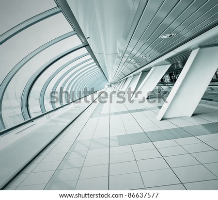 perspective tilt view to spacious corridor in contemporary airport walkway