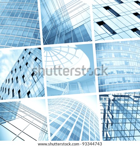 stock photo tilt view to contemporary collage of blue glass skyscrapers