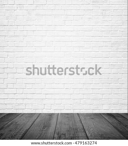 Background of age grungy texture white brick and stone wall with light wooden floor with whiteboard inside old modern and contemporary empty interior, blank color horizontal space of clean studio room