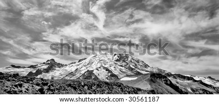 Mount Rainer National Park on a cloudy day in black and white