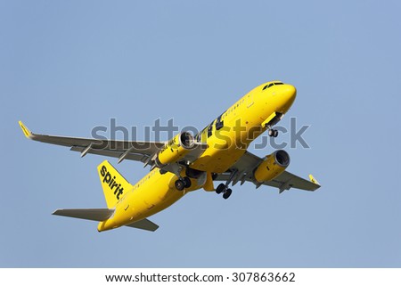 Chicago, Illinois / USA - July 12, 2015: Spirit Airlines Airbus A320 jetliner departing Chicago O\'Hare International Airport. Spirit Airlines is one of the fastest growing low cost carriers in the USA