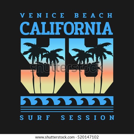 Vector illustration on the theme of surfing and surf rider in California, Venice beach. Number sport typography, t-shirt graphics, poster, banner, flyer; postcard