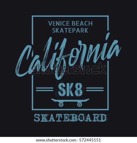 Vector illustration on the theme of skateboarding and skateboard in California, Venice beach. Sport typography, t-shirt graphics, poster, print, postcard