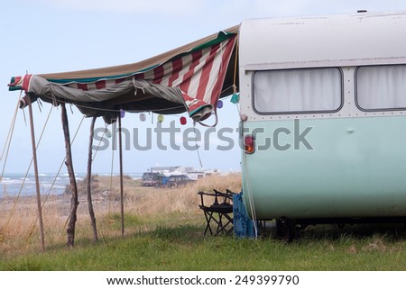 Caravan and seaside camp scene on a cold, wintry day