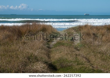 vehicle track through sand dunes at New Zealand surf beach with cargo ship on the horizon