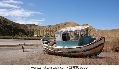 Summer landscape with old boat, Mahia Peninsula, East Coast, North Island, New Zealand