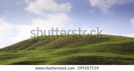 horizontal landscape format rolling green coastal pastoral farming hills rutted with stock trails, Gisborne, East Coast, North Island, New Zealand
