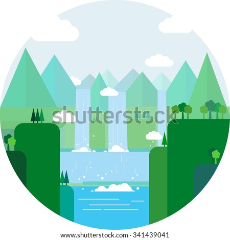 Landscape illustration. Mountain river, waterfall, mountains, hills, and clouds. Flat design vector.