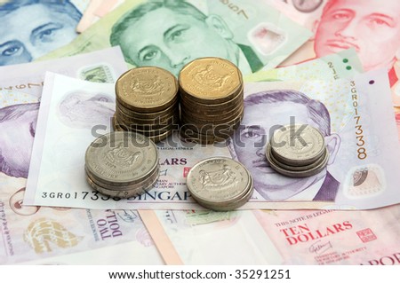 Singapore Coin Picture on Singapore Coins Tower On Singapore Bank Note Stock Photo 35291251