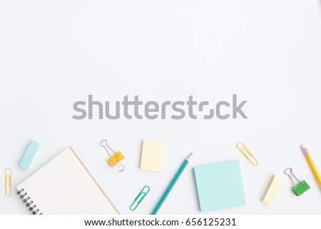 notebook paper, note with pen, paper clip on white background