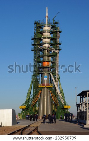 BAIKONUR, KAZAKHSTAN - NOVEMBER 21, 2014:  Soyuz TMA-15M on launch pad at Baikonur cosmodrome in preparation for the flight to ISS two days later. Crew: Shkaplerov (commander), Virts, Cristoforetti