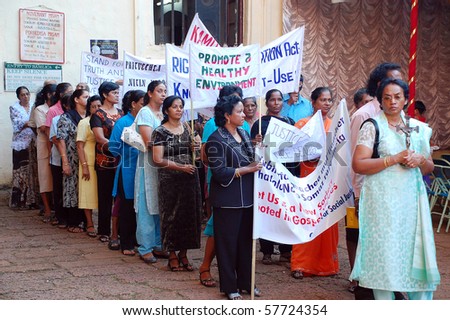 OLD TOWN, GOA, INDIA - NOVEMBER 26: Indian women prepare to demonstrate for civil rights and healthy environment November 26, 2007 in the Old Town, Goa, India