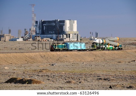 BAIKONUR, KAZAKHSTAN-JUNE 13:Soyuz rocket is being rolled out to the launch pad along the railroad tracks on the June 13, 2010 in Baikonur, Kazakhstan.