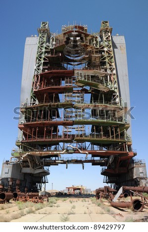 Abandoned mobile service tower at Baikonur cosmodome in Kazakhstan for Soviet Energia rocket and Buran shuttle