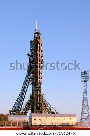 BAIKONUR, KAZAKHSTAN - DECEMBER 21: Soyuz spacecraft on the launch pad December 21, 2011 at Baikonur cosmodrome, Kazakhstan. It was launched a few hours later.
