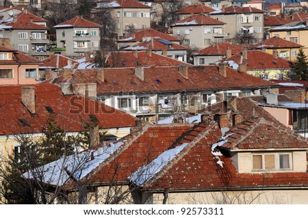 Closeup image of tiled roof houses in Bulgaria