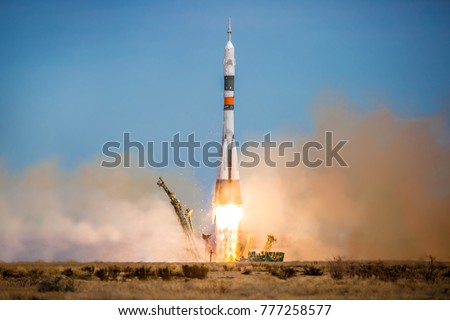 Launch of the Soyuz rocket from the launch pad of the Baikanur cosmodrome, Cosmonautics, launch of the rocket launch
