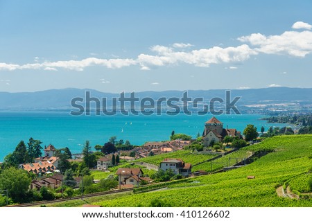 The Lavaux Vineyard Terraces UNESCO World Heritage Site near Lausanne, Switzerland along Lake Geneva