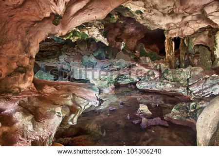 Interior of the limestone caves known as the Conch Bar Caves on the island of Middle Caicos in the Turks and Caicos Islands.  Dripping water has caused pools and mineral leaching.