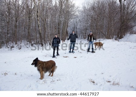 A father, son, and daughter snowshoeing in the White Mountains of New Hampshire.  Two dogs accompany them.