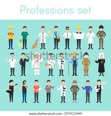 Vector set of different colorful man professions. Cartoon men characters. Doctor, volunteer, vet, firefighter, waiter, judge, programmer, artist, pilot, photographer, barber, astronaut, businessman.