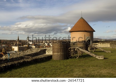 The Dobo bastion in Castle Eger. There is  the Serbian church and the northernmost old minaret in the world  in the background.