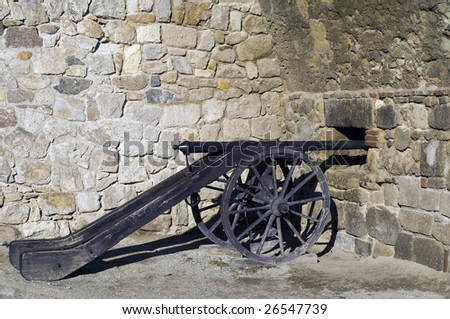 An old gun in front of the walls of Eger Castle.