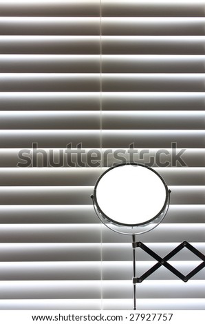 Small Bathroom Mirrors on Bathroom Mirror In Front Of Blinds With Sun Coming Though Stock Photo
